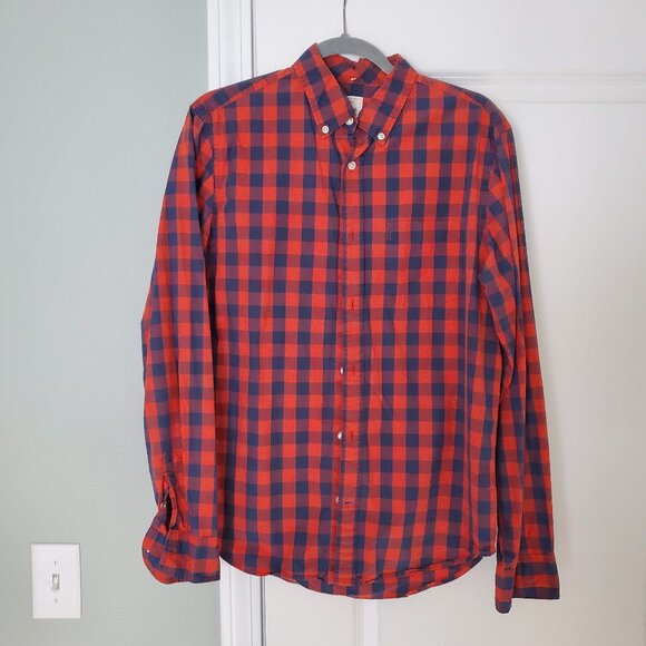 Gap Lived-In casual button-down long-sleeve, M, Navy/Red check - Picture 1 of 5